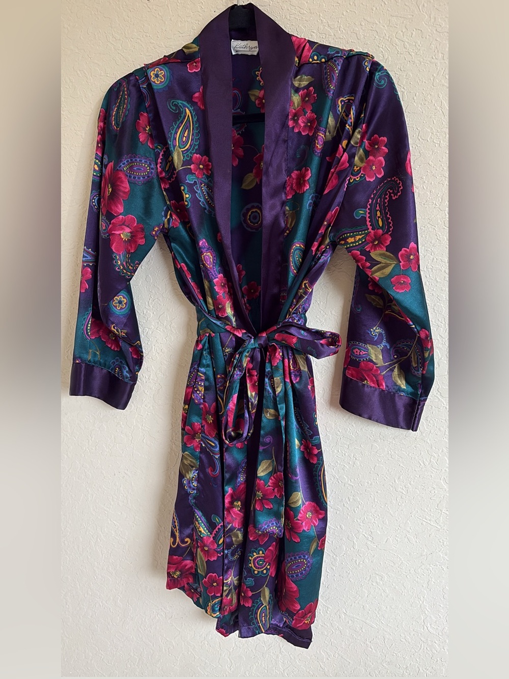 Vintage Kathryn Purple Teal Floral Paisley Satin Kimono Robe Size L